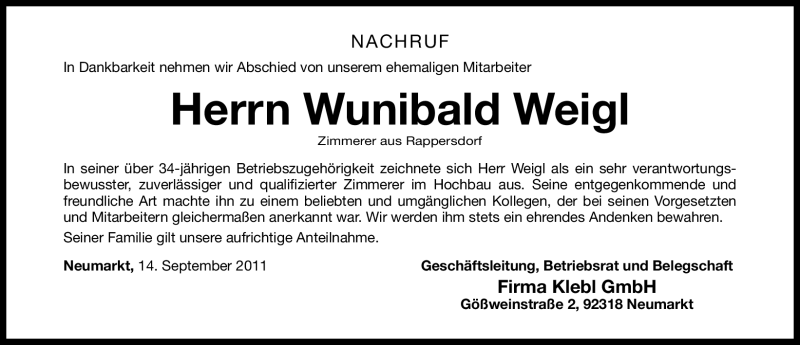  Traueranzeige für Wunibald Weigl vom 14.09.2011 aus Nürnberger Nachrichten