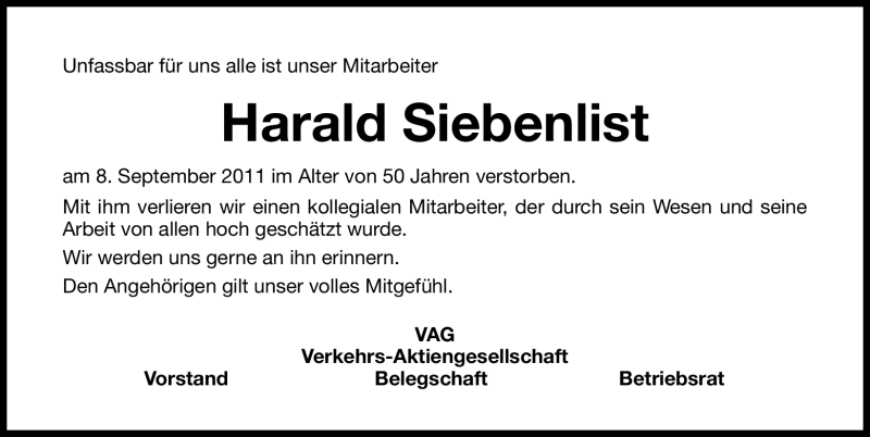  Traueranzeige für Harald Siebenlist vom 17.09.2011 aus Nürnberger Nachrichten