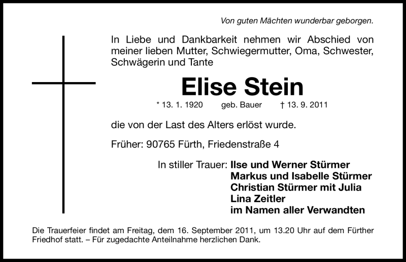  Traueranzeige für Elise Stein vom 15.09.2011 aus Nürnberger Nachrichten