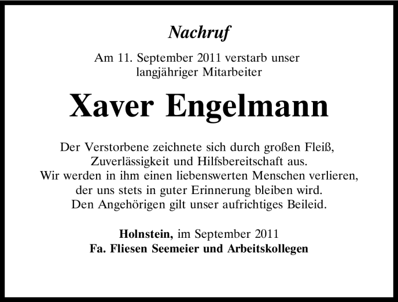  Traueranzeige für Xaver Engelmann vom 15.09.2011 aus Nürnberger Nachrichten