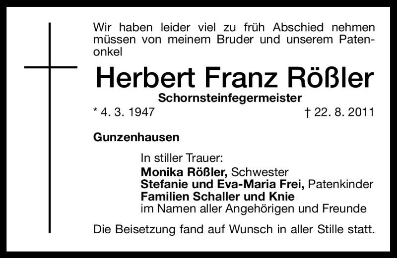  Traueranzeige für Franz Rößler vom 17.09.2011 aus Nürnberger Nachrichten