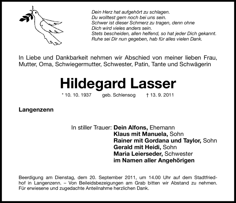  Traueranzeige für Hildegard Lasser vom 17.09.2011 aus Nürnberger Nachrichten