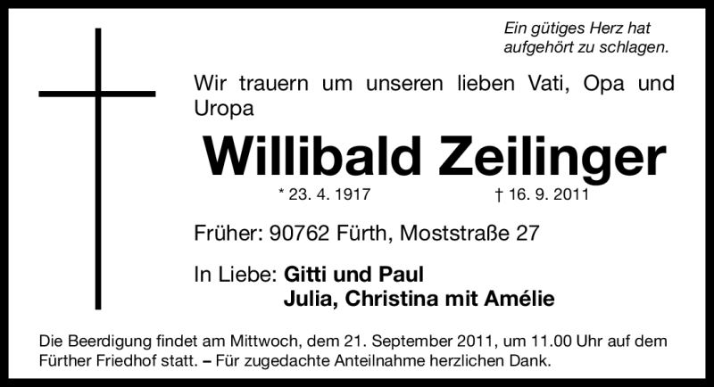  Traueranzeige für Willibald Zeilinger vom 19.09.2011 aus Nürnberger Nachrichten