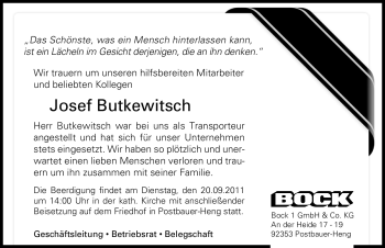 Traueranzeige von Josef Butkewitsch von Nürnberger Nachrichten