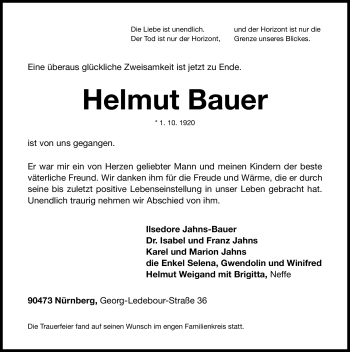 Traueranzeige von Helmut Bauer von Nürnberger Nachrichten