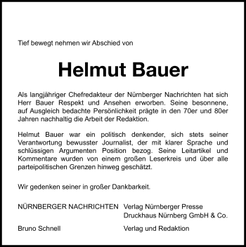 Traueranzeige von Helmut Bauer von Nürnberger Nachrichten
