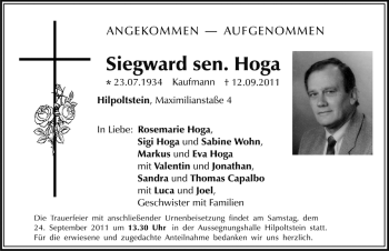 Traueranzeige von Siegward Hoga von Nürnberger Nachrichten