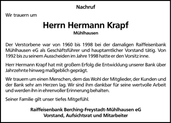 Traueranzeige von Hermann Krapf von Nürnberger Nachrichten