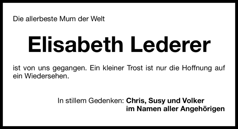  Traueranzeige für Elisabeth Lederer vom 24.09.2011 aus Nürnberger Nachrichten