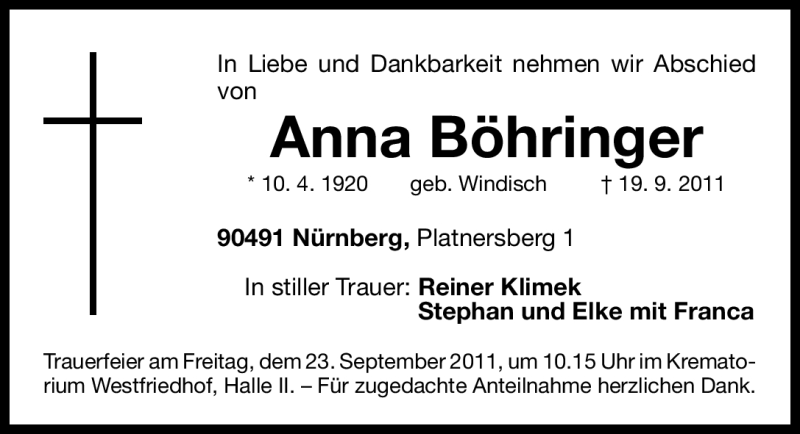  Traueranzeige für Anna Böhringer vom 21.09.2011 aus Nürnberger Nachrichten