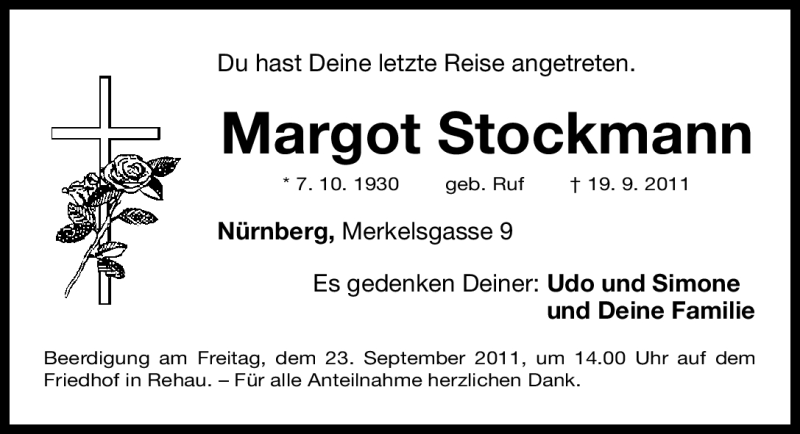  Traueranzeige für Margot Stockmann vom 21.09.2011 aus Nürnberger Nachrichten