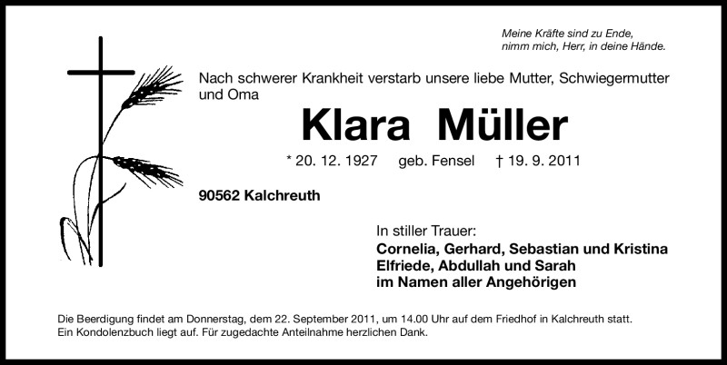  Traueranzeige für Klara Müller vom 21.09.2011 aus Nürnberger Nachrichten