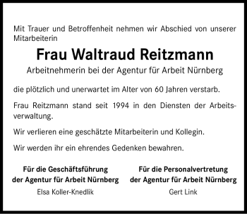 Traueranzeige von Waltraud Reitzmann von Nürnberger Nachrichten