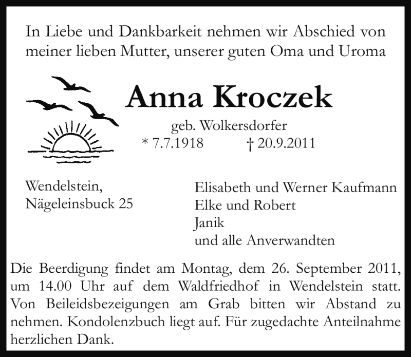  Traueranzeige für Anna Kroczek vom 22.09.2011 aus Nürnberger Nachrichten