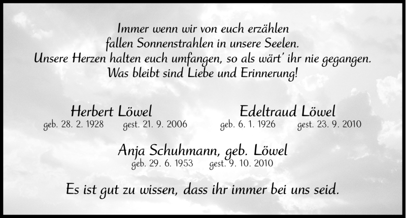  Traueranzeige für Familie Löwel vom 23.09.2011 aus Nürnberger Nachrichten