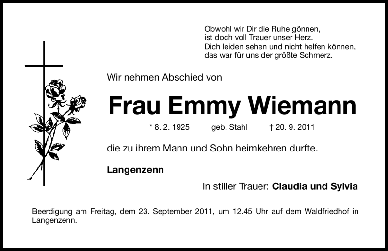  Traueranzeige für Emmy Wiemann vom 22.09.2011 aus Nürnberger Nachrichten