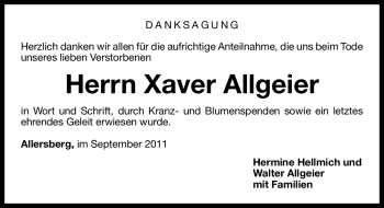 Traueranzeige von Xaver Allgeier von Nürnberger Nachrichten
