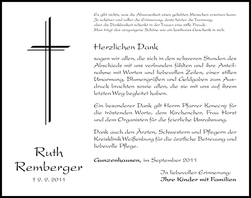  Traueranzeige für Ruth Remberger vom 24.09.2011 aus Nürnberger Nachrichten