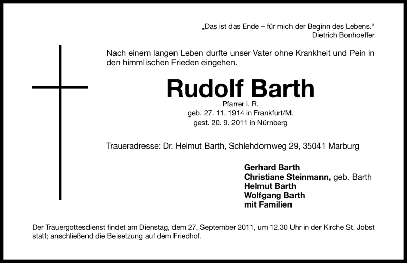  Traueranzeige für Rudolf Barth vom 24.09.2011 aus Nürnberger Nachrichten