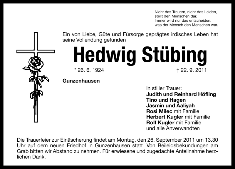  Traueranzeige für Hedwig Stübing vom 24.09.2011 aus Nürnberger Nachrichten