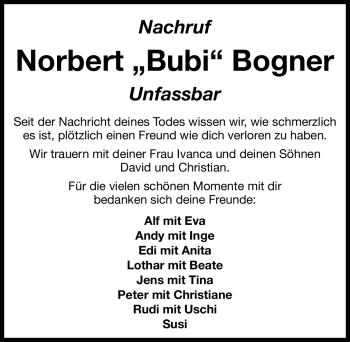 Traueranzeige von Norbert Bogner von Nürnberger Nachrichten