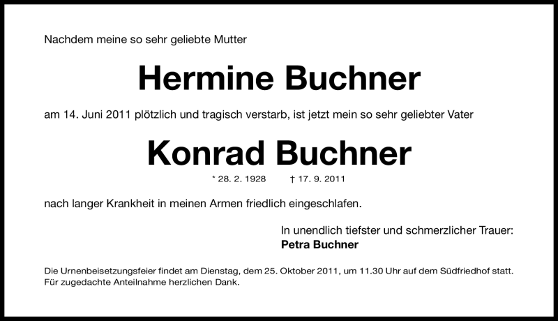  Traueranzeige für Hermine und Konrad Buchner vom 26.09.2011 aus Nürnberger Nachrichten