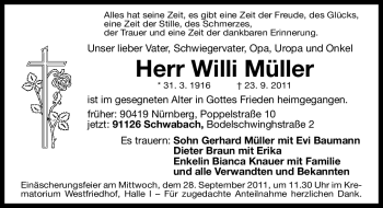 Traueranzeige von Willi Müller von Nürnberger Nachrichten