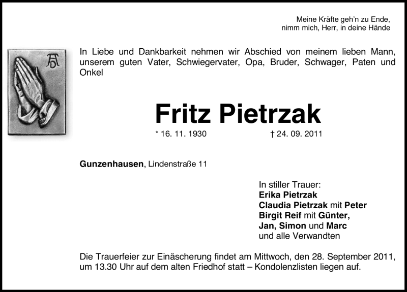  Traueranzeige für Fritz Pietrzak vom 26.09.2011 aus Nürnberger Nachrichten