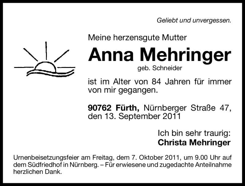  Traueranzeige für Anna Mehringer vom 03.10.2011 aus Nürnberger Nachrichten