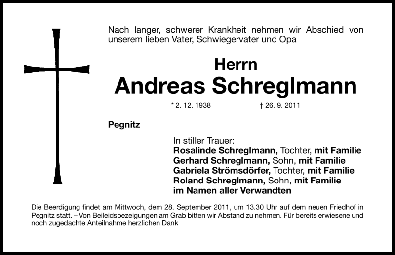  Traueranzeige für Andreas Schreglmann vom 27.09.2011 aus Nürnberger Nachrichten