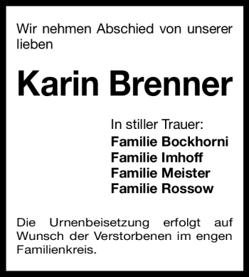 Traueranzeige von Karin Brenner von Nürnberger Nachrichten