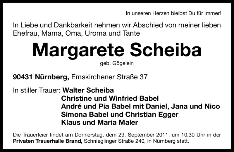  Traueranzeige für Margarete Scheiba vom 28.09.2011 aus Nürnberger Nachrichten