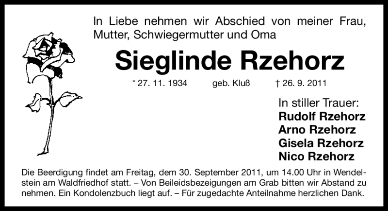  Traueranzeige für Sieglinde Rzehorz vom 28.09.2011 aus Nürnberger Nachrichten