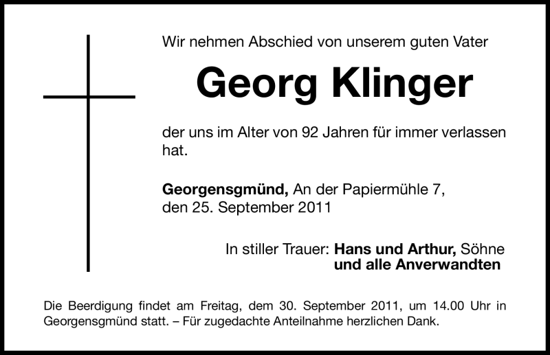  Traueranzeige für Georg Klinger vom 28.09.2011 aus Nürnberger Nachrichten