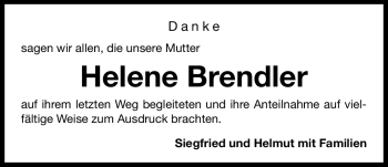 Traueranzeige von Helene Brendler von Nürnberger Nachrichten