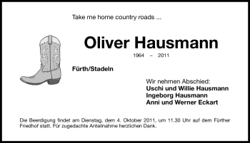 Traueranzeige von Oliver Hausmann von Nürnberger Nachrichten