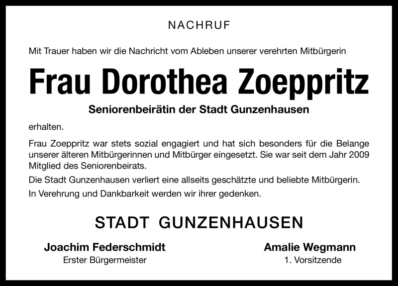  Traueranzeige für Dorothea Zoeppritz vom 30.09.2011 aus Nürnberger Nachrichten