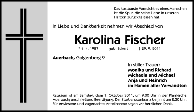 Traueranzeige für Karolina Fischer vom 30.09.2011 aus Nürnberger Nachrichten