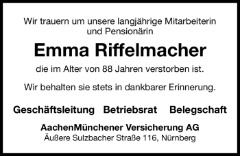 Traueranzeige von Emma Riffelmacher von Nürnberger Nachrichten