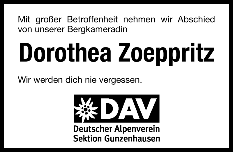  Traueranzeige für Dorothea Zoeppritz vom 03.10.2011 aus Nürnberger Nachrichten