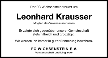 Traueranzeige von Leonhard Krausser von Nürnberger Nachrichten