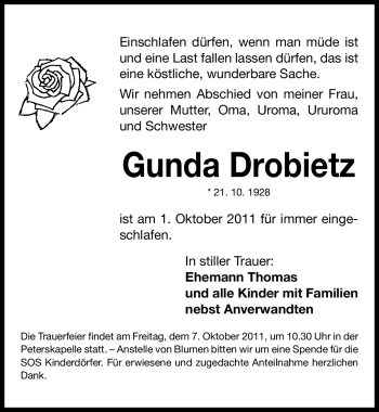 Traueranzeige von Gunda Drobietz von Nürnberger Nachrichten