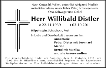 Traueranzeige von Willibald Distler von Nürnberger Nachrichten
