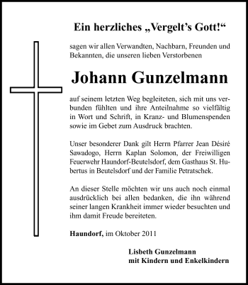 Traueranzeige von Johann Gunzelmann von Nürnberger Nachrichten