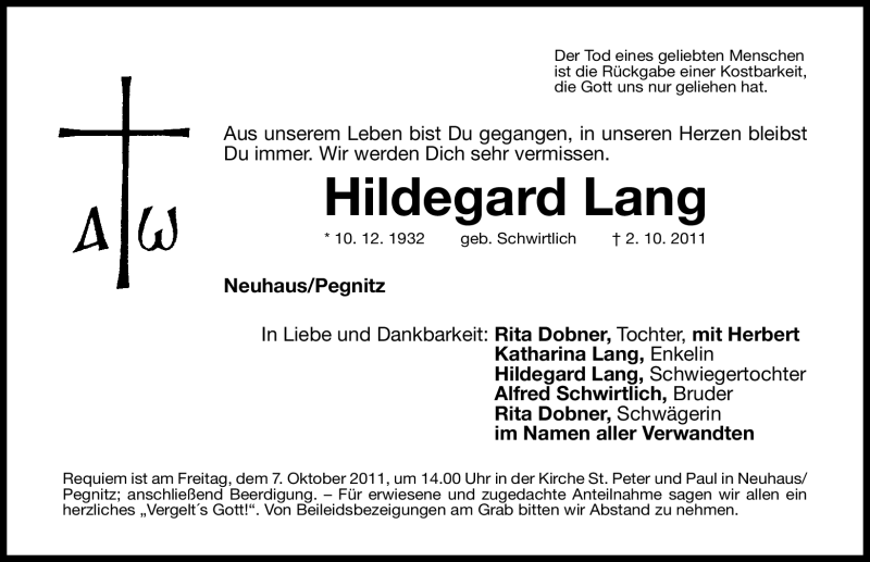  Traueranzeige für Hildegard Lang vom 06.10.2011 aus Nürnberger Nachrichten