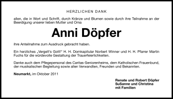 Traueranzeige von Anni Döpfer von Nürnberger Nachrichten