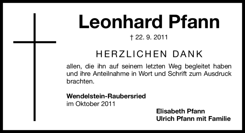  Traueranzeige für Leonhard Pfann vom 08.10.2011 aus Nürnberger Nachrichten