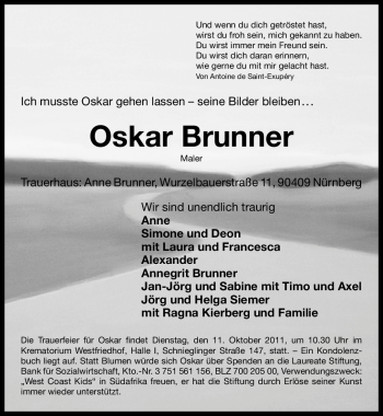 Traueranzeige von Oskar Brunner von Nürnberger Nachrichten