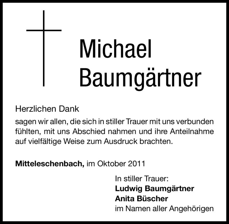  Traueranzeige für Michael Baumgärtner vom 08.10.2011 aus Nürnberger Nachrichten