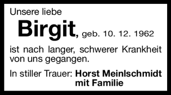Traueranzeige von Birgit Meinlschmidt von Nürnberger Nachrichten
